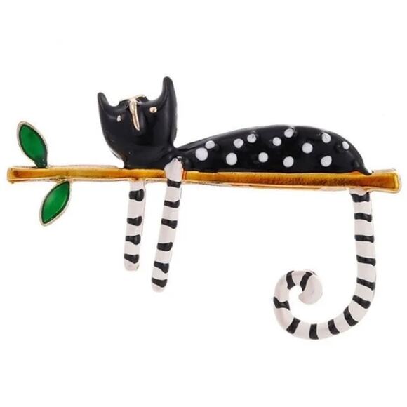 Lazy Kitty Cat Lounging on a Branch Brooch Pin Enamel Quirky Artsy Cat Lover* - Picture 1 of 5